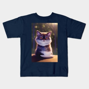 Cute Persian Exotic Shorthair Cat with a mug cup of morning coffee Kids T-Shirt